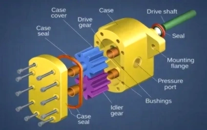 Exploded assembly view showing several mechanical parts separated along a common assembly axis including shaft bearing housing and fasteners with alignment preserved to show assembly sequence and component interfaces
