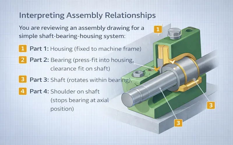 Sectioned assembly drawing showing shaft bearing and housing with callouts indicating press fit between bearing and housing clearance fit between bearing and shaft and shoulder feature controlling bearing axial location