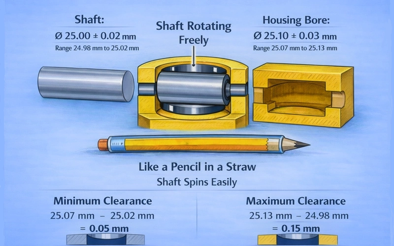 Shaft and housing assembly showing clearance fit with dimensional tolerances, tolerance zones, and minimum clearance condition between shaft diameter and housing bore