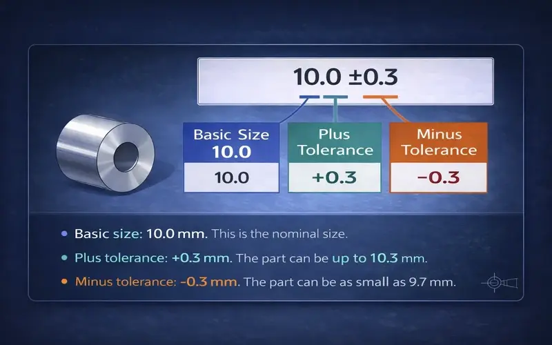 Engineering drawing showing a dimension with plus minus tolerance annotation and an example of clearance fit between shaft and hole with tolerance zones illustrated showing maximum and minimum clearance conditions