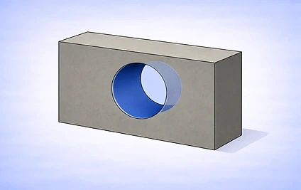 Engineering drawing showing three orthographic views of a rectangular block with a through-hole - front view displays rectangular outline with centered circular hole, top view shows same rectangular outline with circular feature, and right-side view presents rectangular profile with two horizontal dashed lines indicating the hidden hole feature