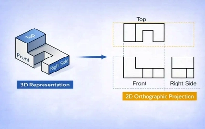 A simple mechanical bracket shown in three orthographic views with front view showing the main profile, top view revealing hole positions and width, and right side view displaying depth and thickness, all views properly aligned with projection lines