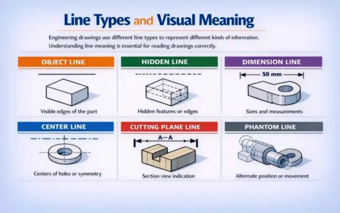 Engineering drawing line types illustrated on a 3D bracket showing visible lines as thick solid lines for outer edges, hidden lines as dashed lines for internal holes, center lines as dash-dot patterns indicating axes and symmetry, and dimension lines with arrows showing size information