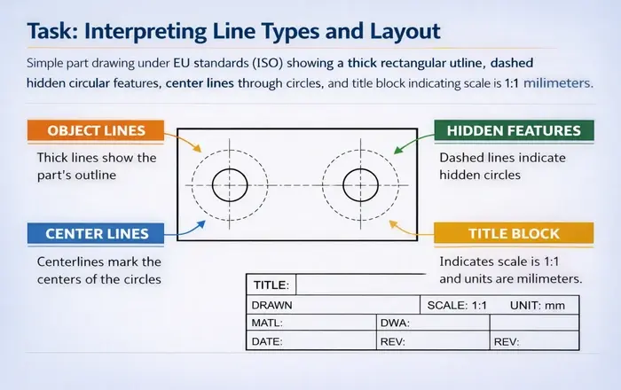 Simple engineering drawing showing a rectangular part with two hidden circular holes indicated by dashed lines and center lines crossing through each hole, with visible edges shown as thick solid lines