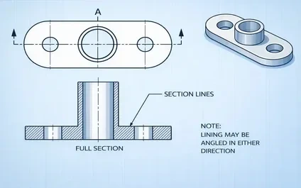 A simple cylindrical part with internal bore shown with cutting plane line A-A in the main view and corresponding sectional view A-A revealing internal geometry with cross-hatching on cut surfaces