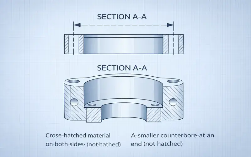Engineering drawing showing cylindrical housing with cutting plane A-A in front view and corresponding section view revealing central bore, counterbore, and bolt hole pattern with proper cross-hatching on solid material