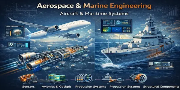 Aerospace and marine engineering showing aircraft and maritime systems
