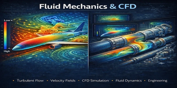 Fluid mechanics and CFD simulation showing turbulent flow patterns and velocity fields
