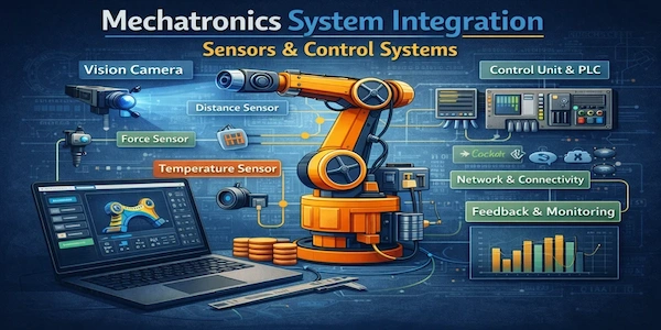 Mechatronics system integration showing robotic arm with sensors and control systems